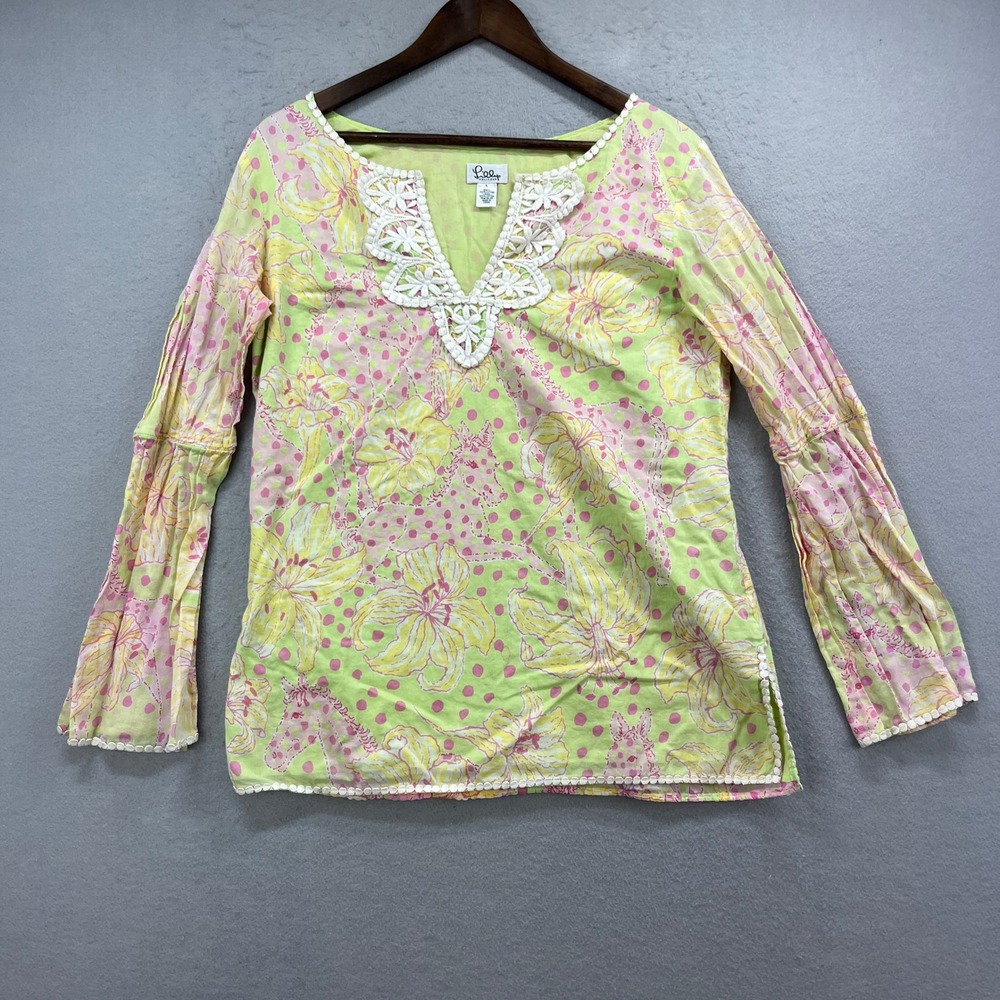 VTG Lilly Pulitzer Floral Tunic Top Womens L Green Pink Cotton Crochet Boho Y2K